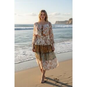 Anthropologie‎ Fig & Flower Dress Small Floral Smock Waist Tiered Boho Sheer NWT